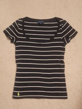 Ralph Lauren Women Black & White Striped Scoop Neck Tee with Polo Emblem